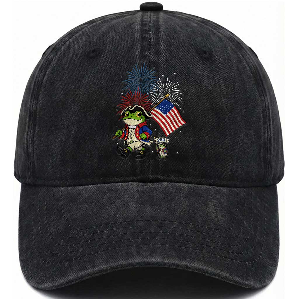Funny Patriotic Frog Washed Cotton Baseball Cap Celebrating 250 Years Of Freedom