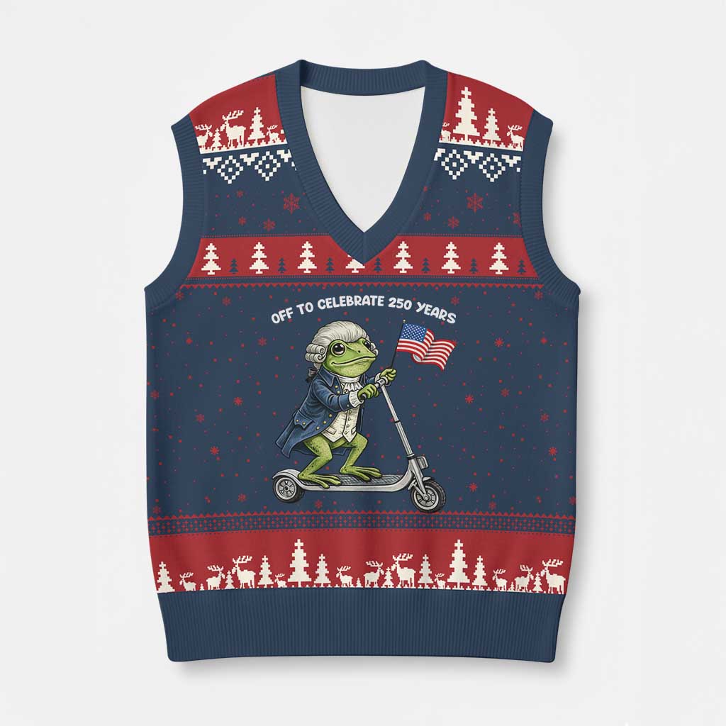 Funny Patriotic Frog V-Neck Knit Sweater Vest Off To Celebrate 250 Years Of Freedom