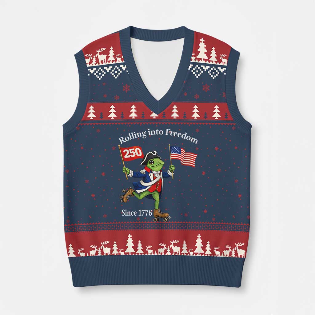 Funny Patriotic Frog V-Neck Knit Sweater Vest Rolling Into 250 Years Of Liberty