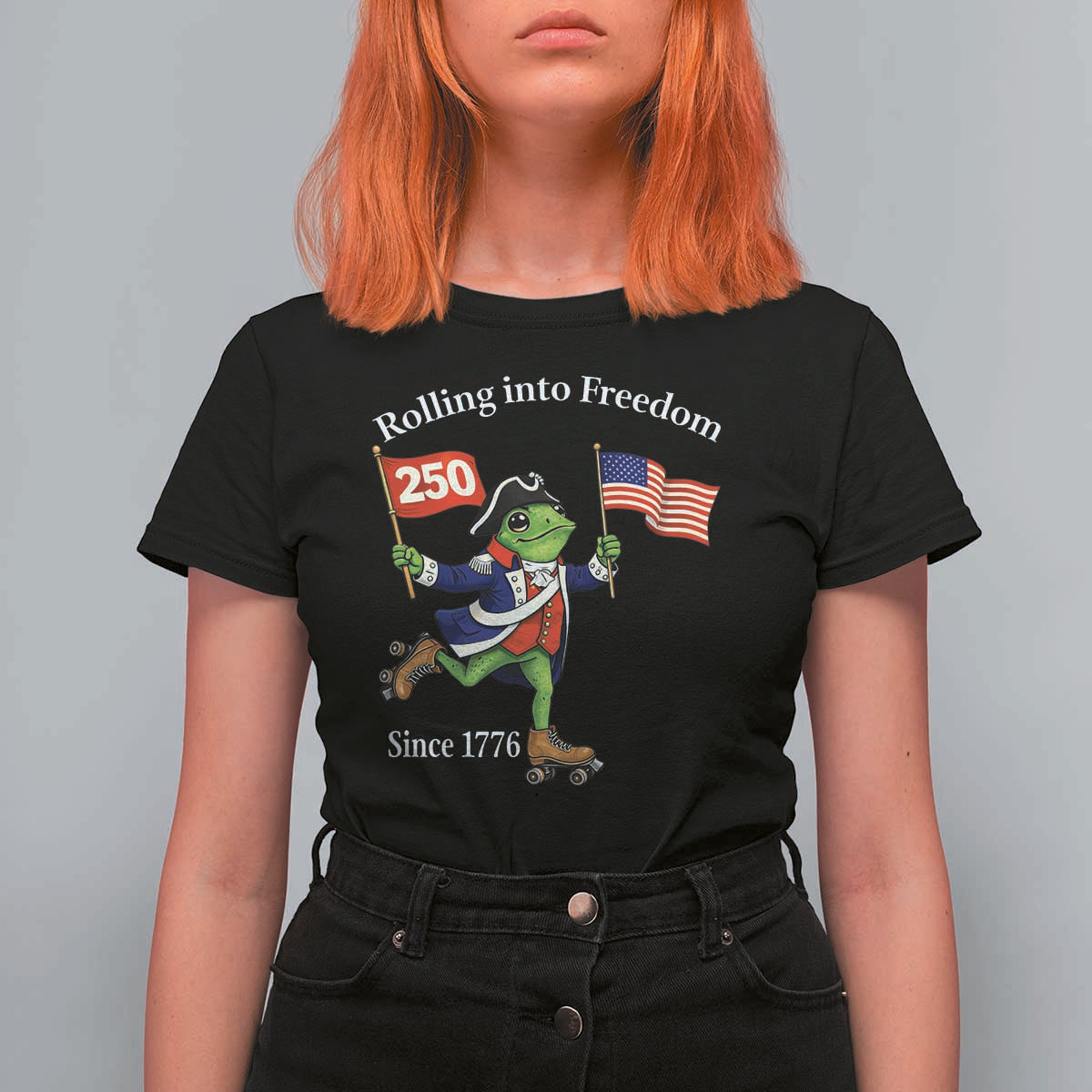 Funny Patriotic Frog T Shirt For Women Rolling Into 250 Years Of Liberty