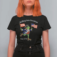 Funny Patriotic Frog T Shirt For Women Rolling Into 250 Years Of Liberty