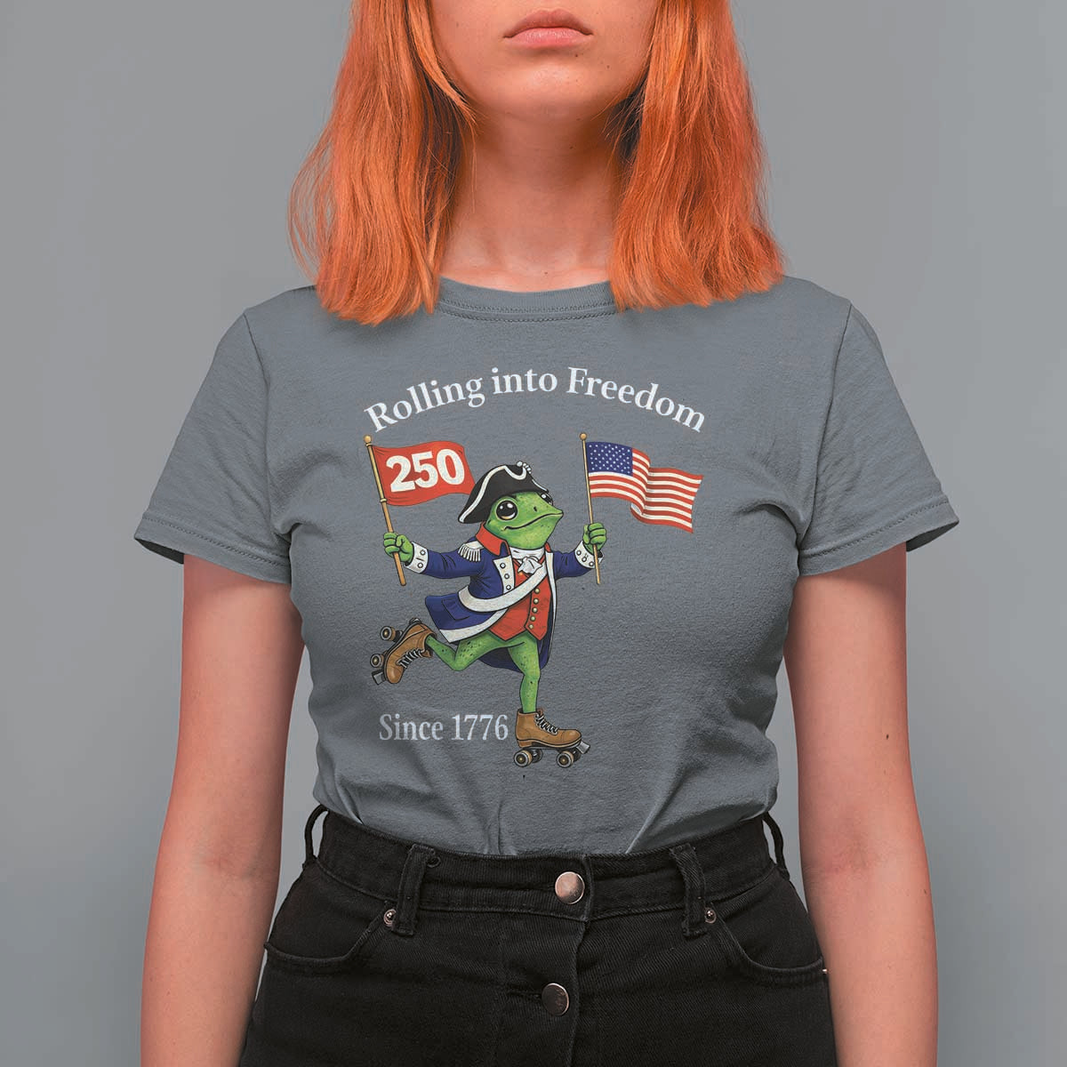 Funny Patriotic Frog T Shirt For Women Rolling Into 250 Years Of Liberty