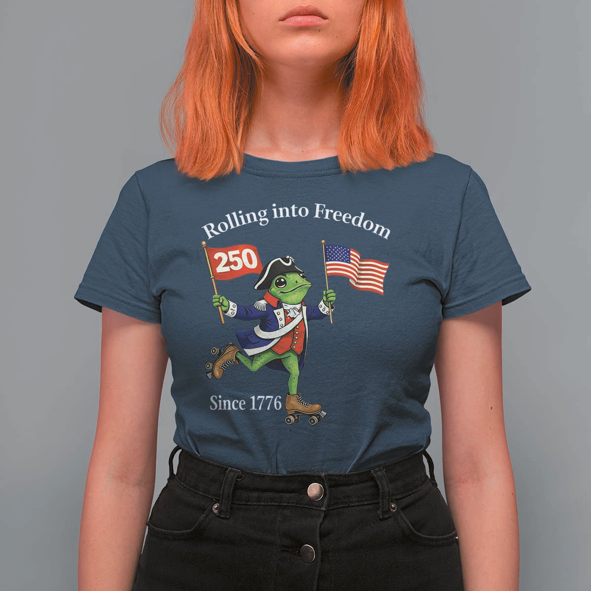 Funny Patriotic Frog T Shirt For Women Rolling Into 250 Years Of Liberty