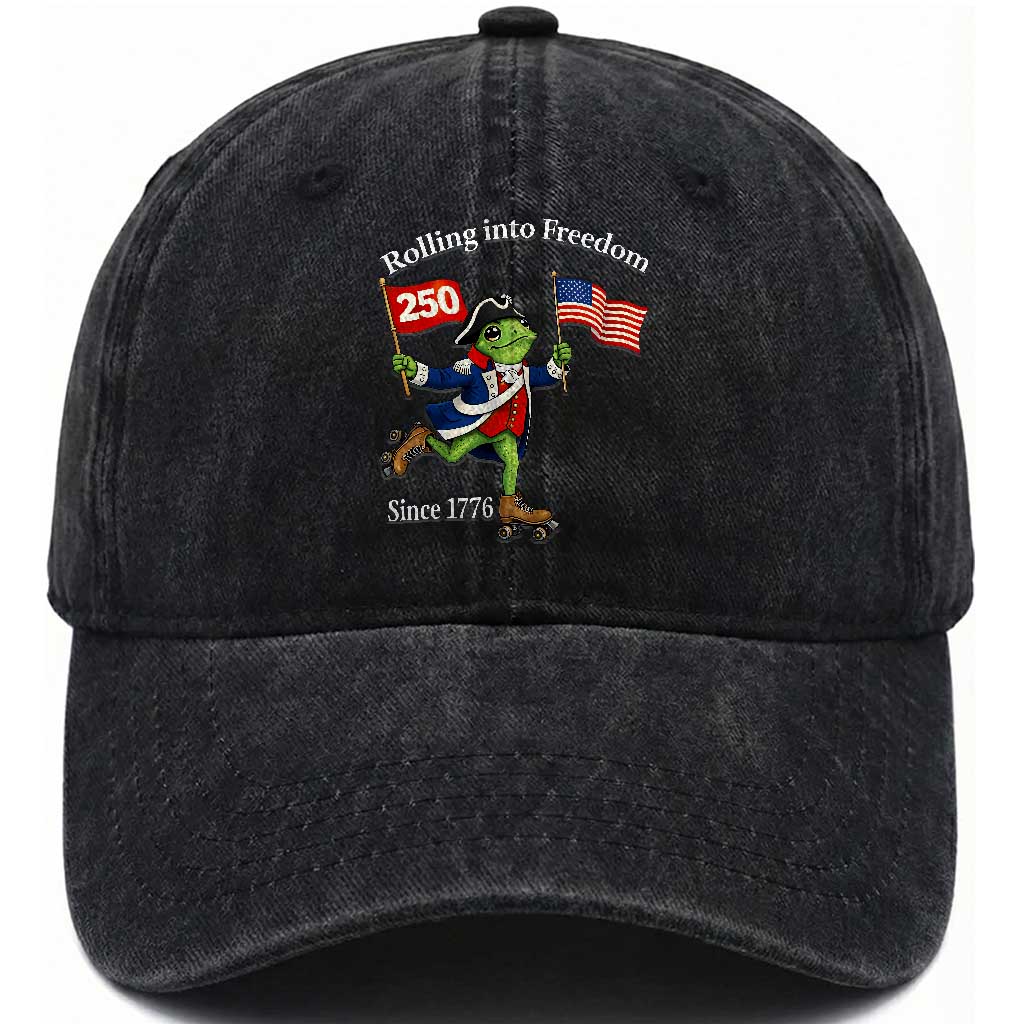 Funny Patriotic Frog Washed Cotton Baseball Cap Rolling Into 250 Years Of Liberty