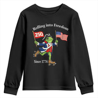 Funny Patriotic Frog Youth Sweatshirt Rolling Into 250 Years Of Liberty