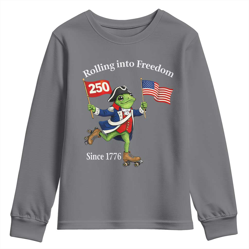 Funny Patriotic Frog Youth Sweatshirt Rolling Into 250 Years Of Liberty