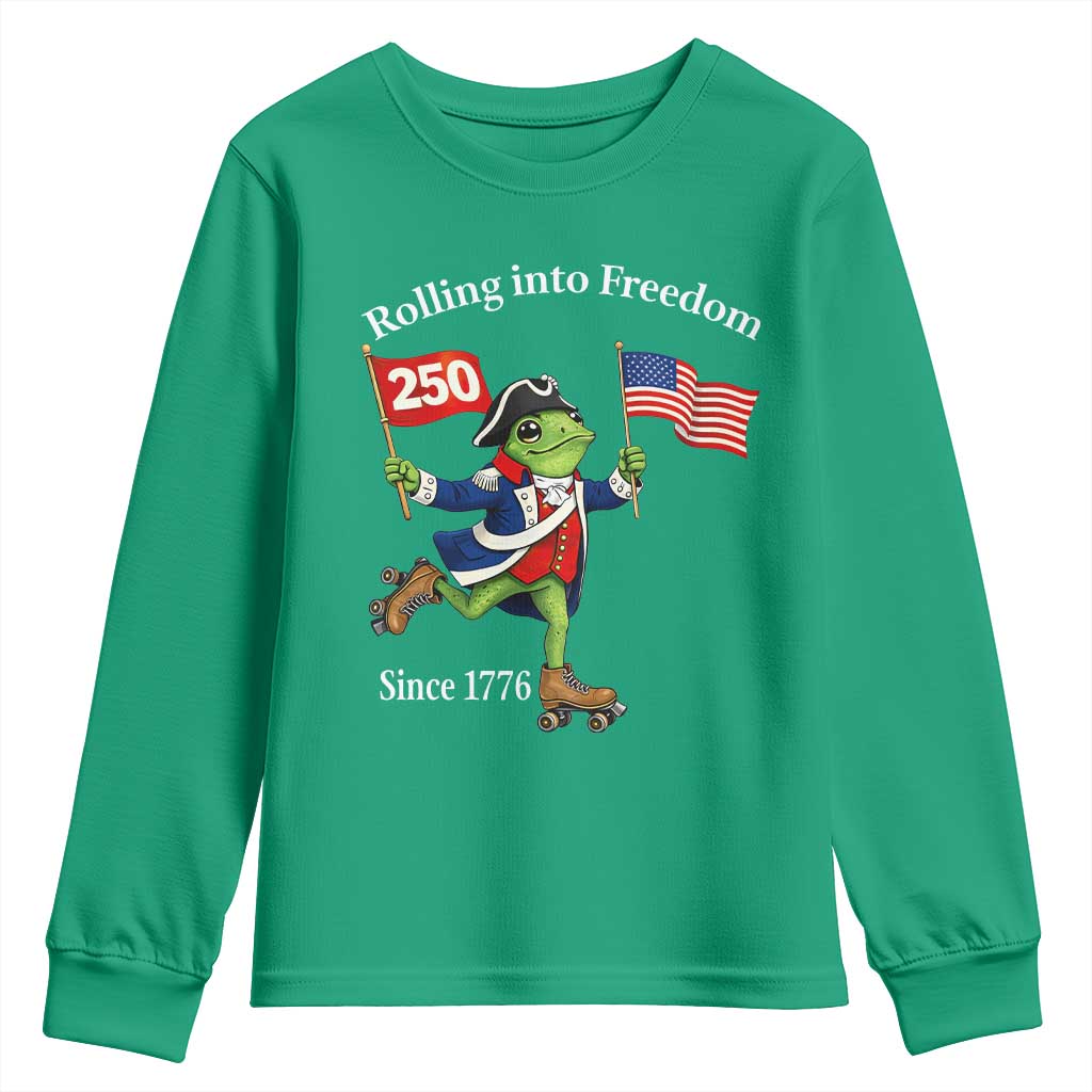 Funny Patriotic Frog Youth Sweatshirt Rolling Into 250 Years Of Liberty