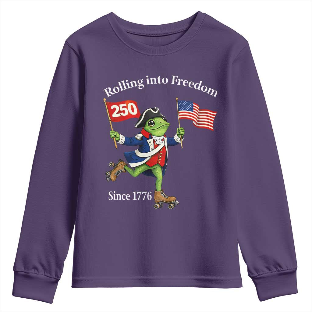 Funny Patriotic Frog Youth Sweatshirt Rolling Into 250 Years Of Liberty