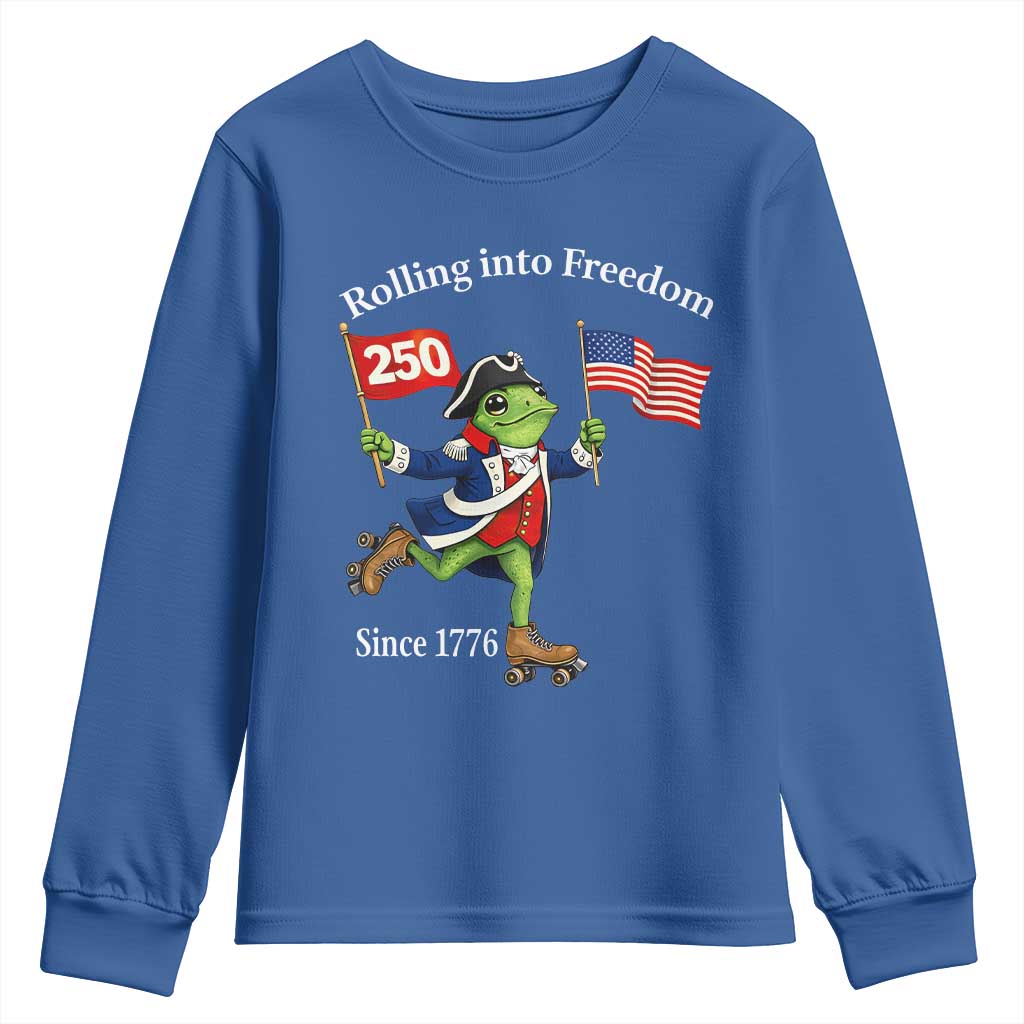 Funny Patriotic Frog Youth Sweatshirt Rolling Into 250 Years Of Liberty