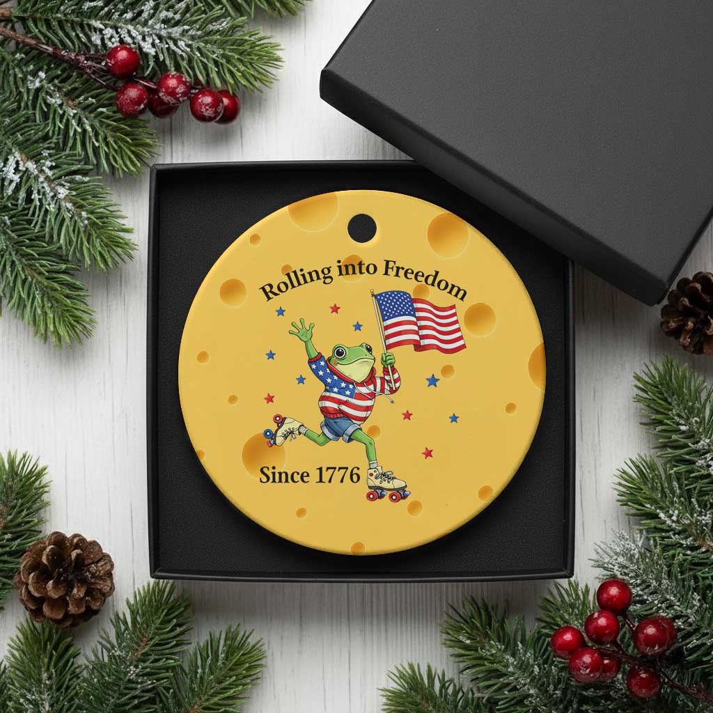 Funny Patriotic Frog Ceramic Ornament Rolling Into Freedom Since 1776