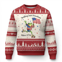 Funny Patriotic Frog Ugly Christmas Sweater Rolling Into Freedom Since 1776