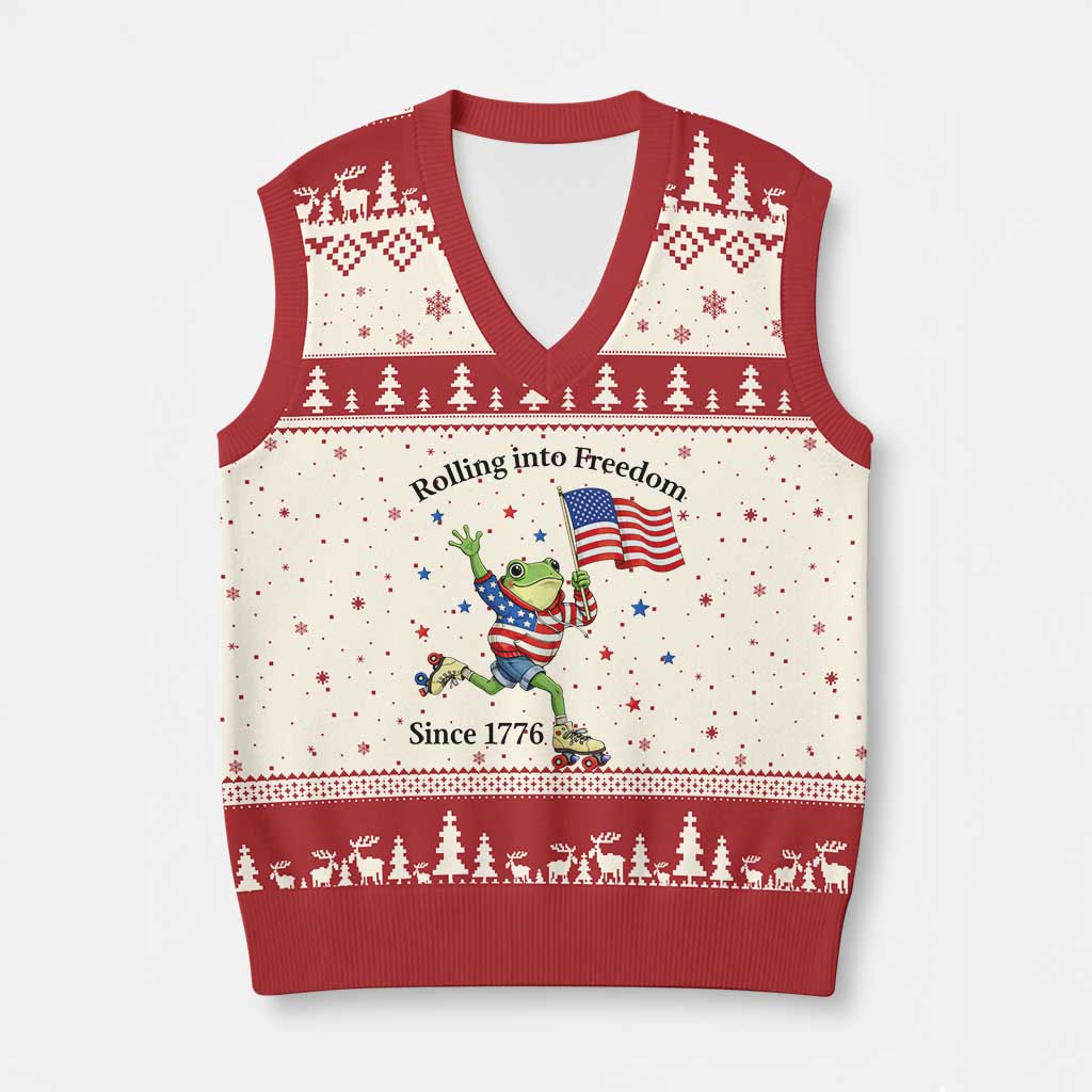Funny Patriotic Frog V-Neck Knit Sweater Vest Rolling Into Freedom Since 1776