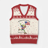 Funny Patriotic Frog V-Neck Knit Sweater Vest Rolling Into Freedom Since 1776