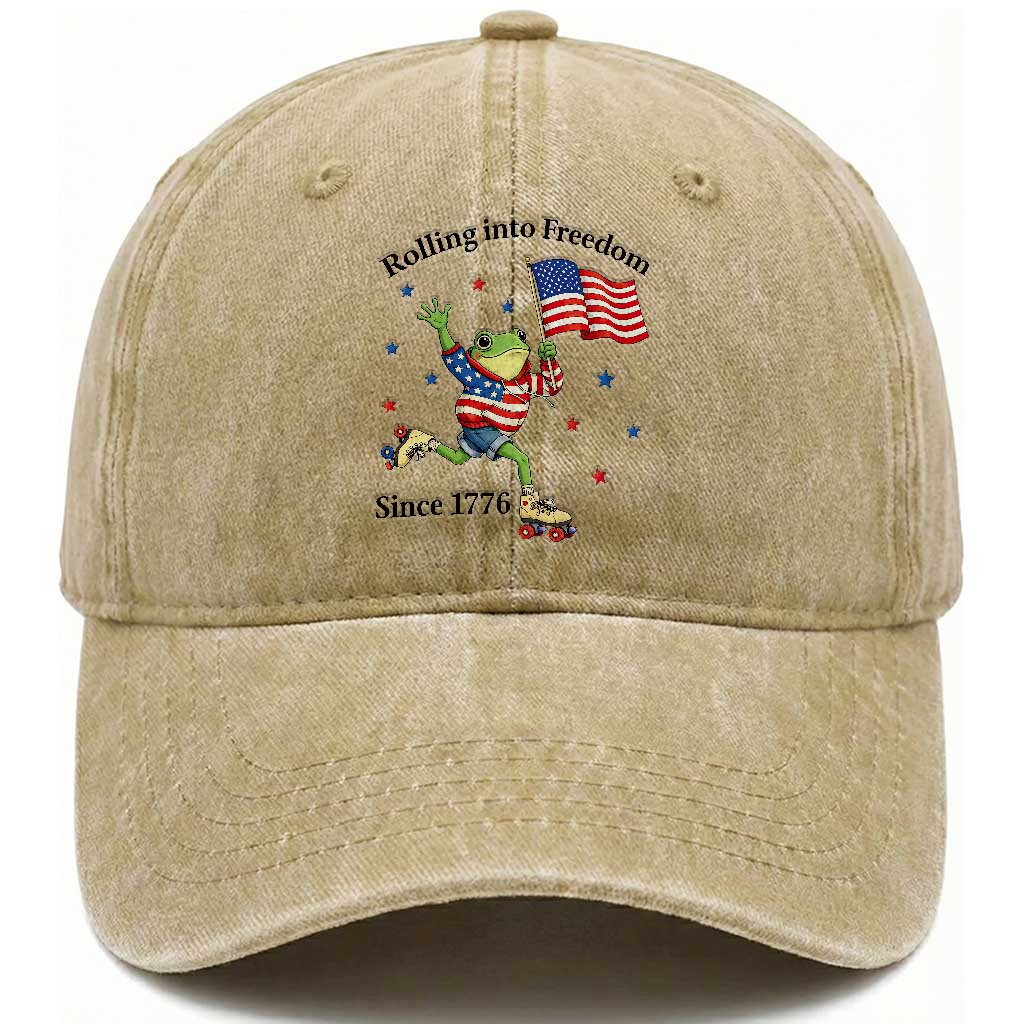 Funny Patriotic Frog Washed Cotton Baseball Cap Rolling Into Freedom Since 1776