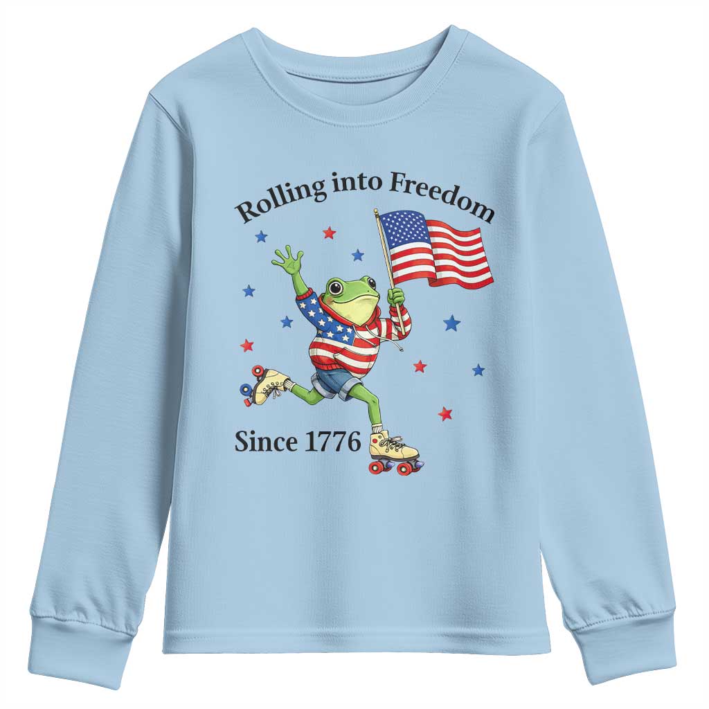 Funny Patriotic Frog Youth Sweatshirt Rolling Into Freedom Since 1776