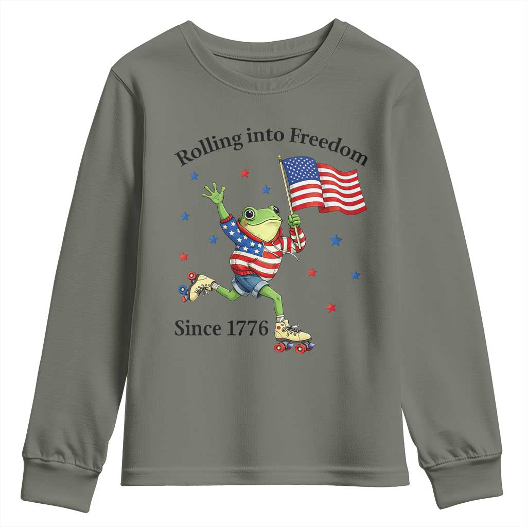 Funny Patriotic Frog Youth Sweatshirt Rolling Into Freedom Since 1776