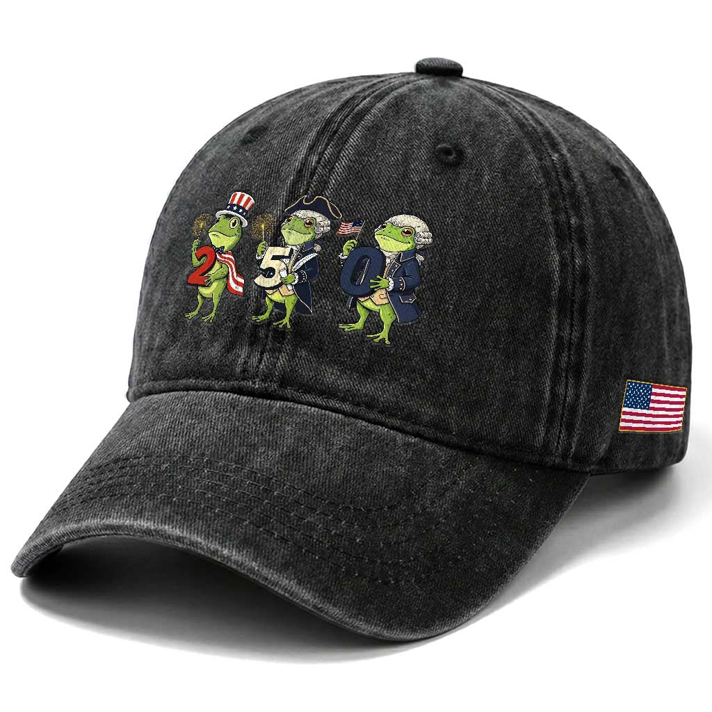 Proud American Frog Washed Cotton Baseball Cap Celebrating 250 Years Of Freedom