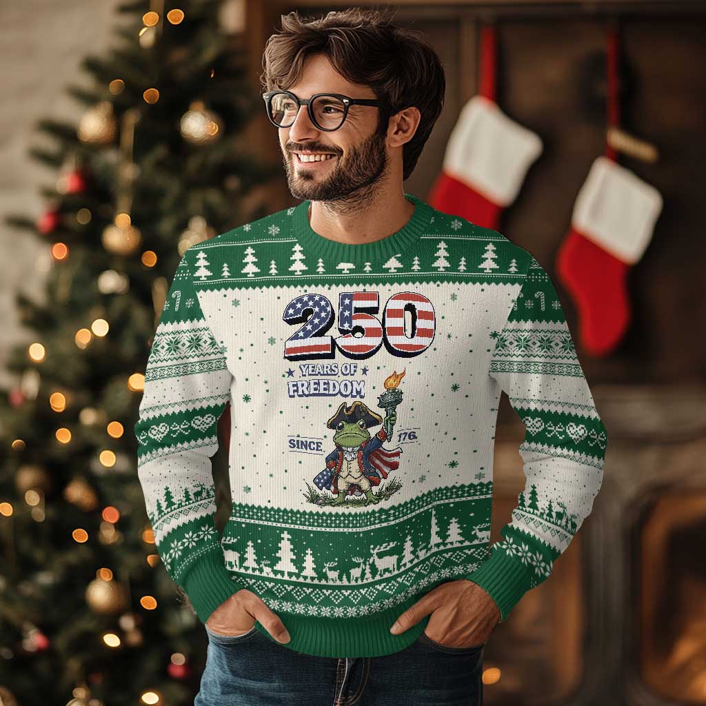Patriotic Frog Raising The Torch Ugly Christmas Sweater 250 Years Of Freedom