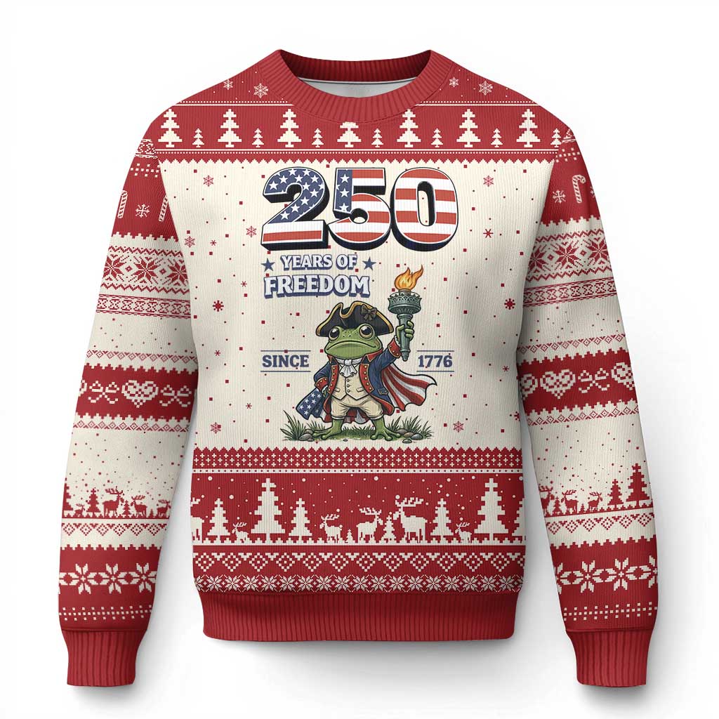 Patriotic Frog Raising The Torch Ugly Christmas Sweater 250 Years Of Freedom