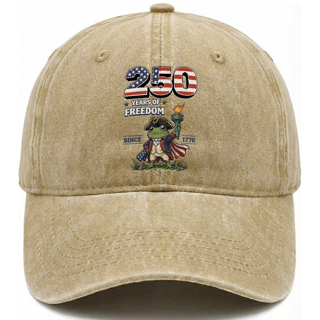 Patriotic Frog Raising The Torch Washed Cotton Baseball Cap 250 Years Of Freedom