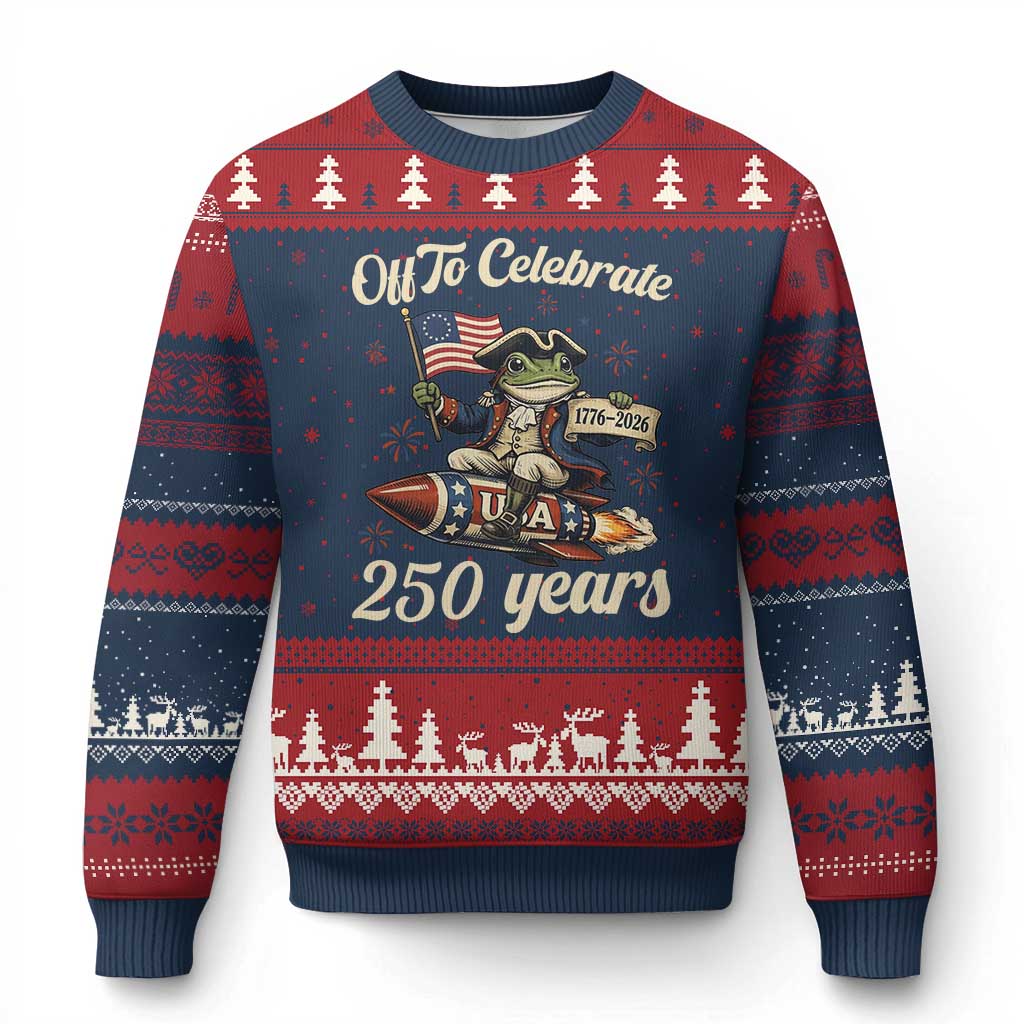 Funny Frog Off To Celebrate 250 Years Of Freedom Ugly Christmas Sweater Patriotic Gift