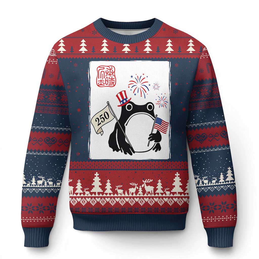 Funny Patriotic Grumpy Frog 250th Anniversary USA Ugly Christmas Sweater