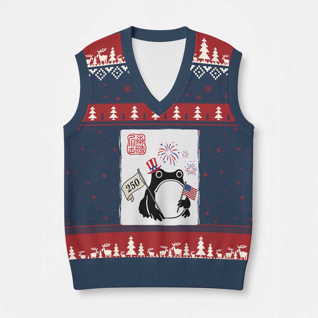 Funny Patriotic Grumpy Frog 250th Anniversary USA V-Neck Knit Sweater Vest