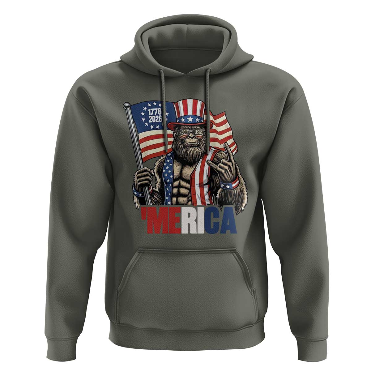 Funny Patriotic Bigfoot Merica Rock Hoodie USA 250th Anniversary