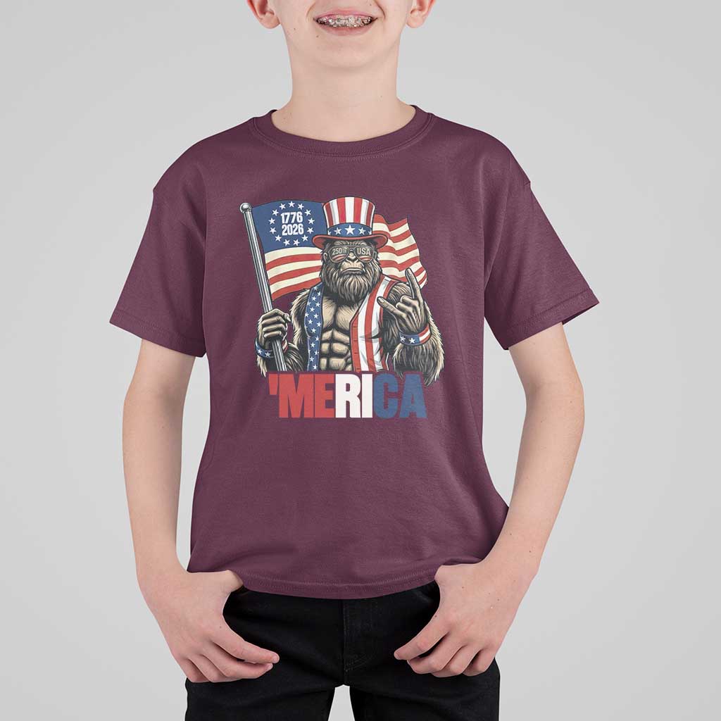 Funny Patriotic Bigfoot Merica Rock T Shirt For Kid USA 250th Anniversary