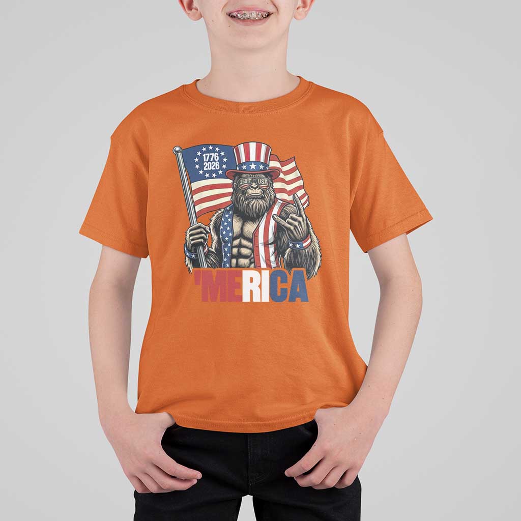 Funny Patriotic Bigfoot Merica Rock T Shirt For Kid USA 250th Anniversary