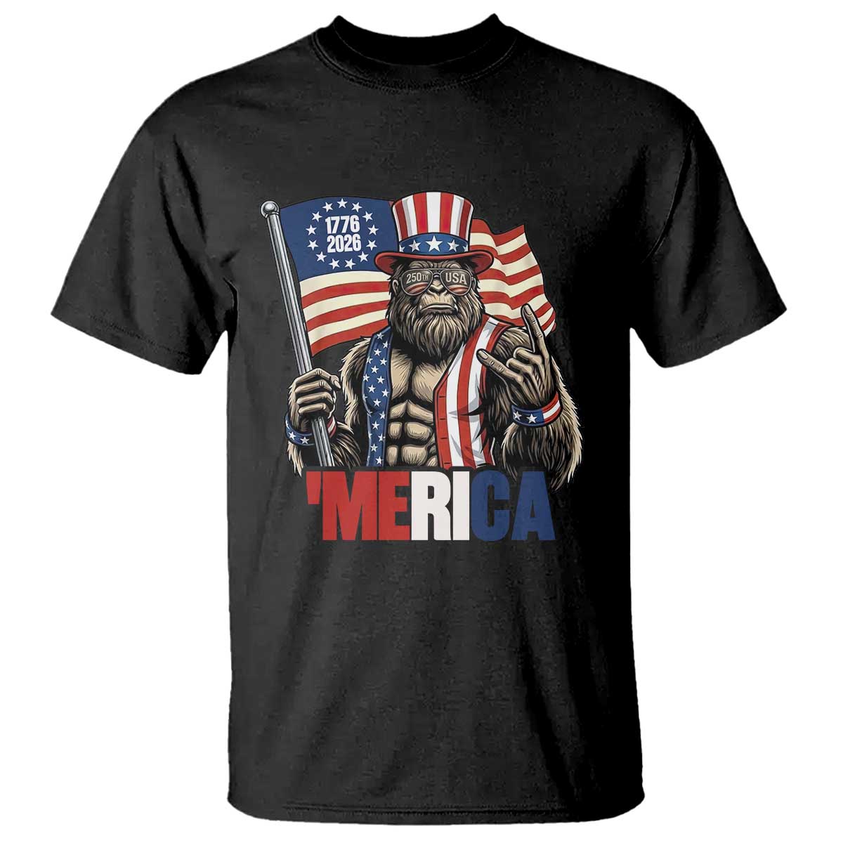 Funny Patriotic Bigfoot Merica Rock T Shirt USA 250th Anniversary