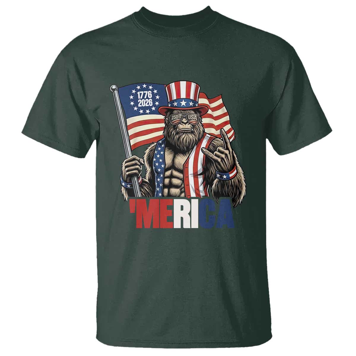 Funny Patriotic Bigfoot Merica Rock T Shirt USA 250th Anniversary