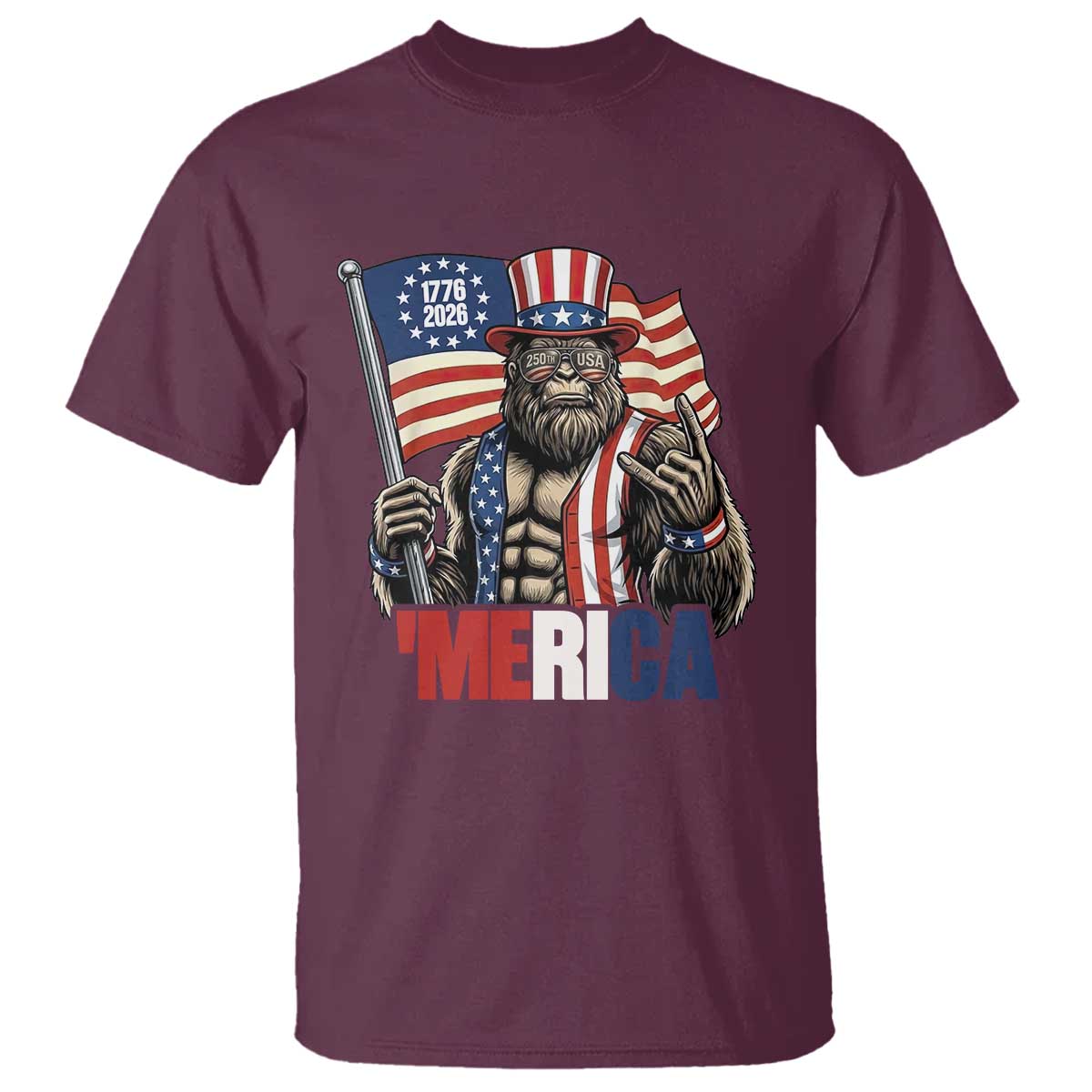 Funny Patriotic Bigfoot Merica Rock T Shirt USA 250th Anniversary
