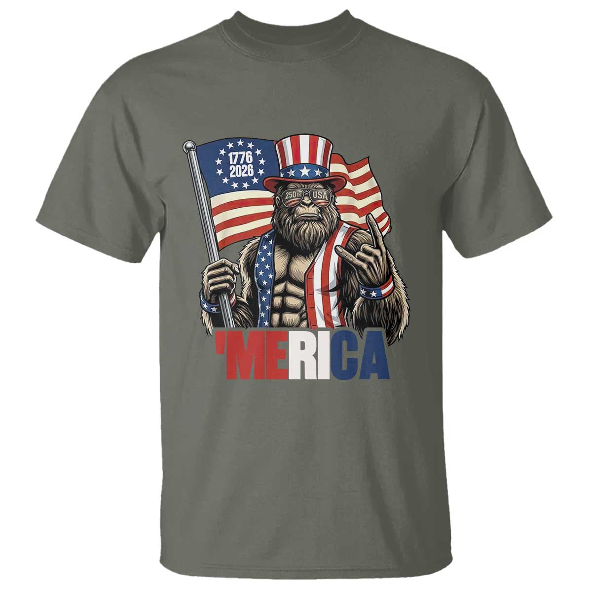 Funny Patriotic Bigfoot Merica Rock T Shirt USA 250th Anniversary
