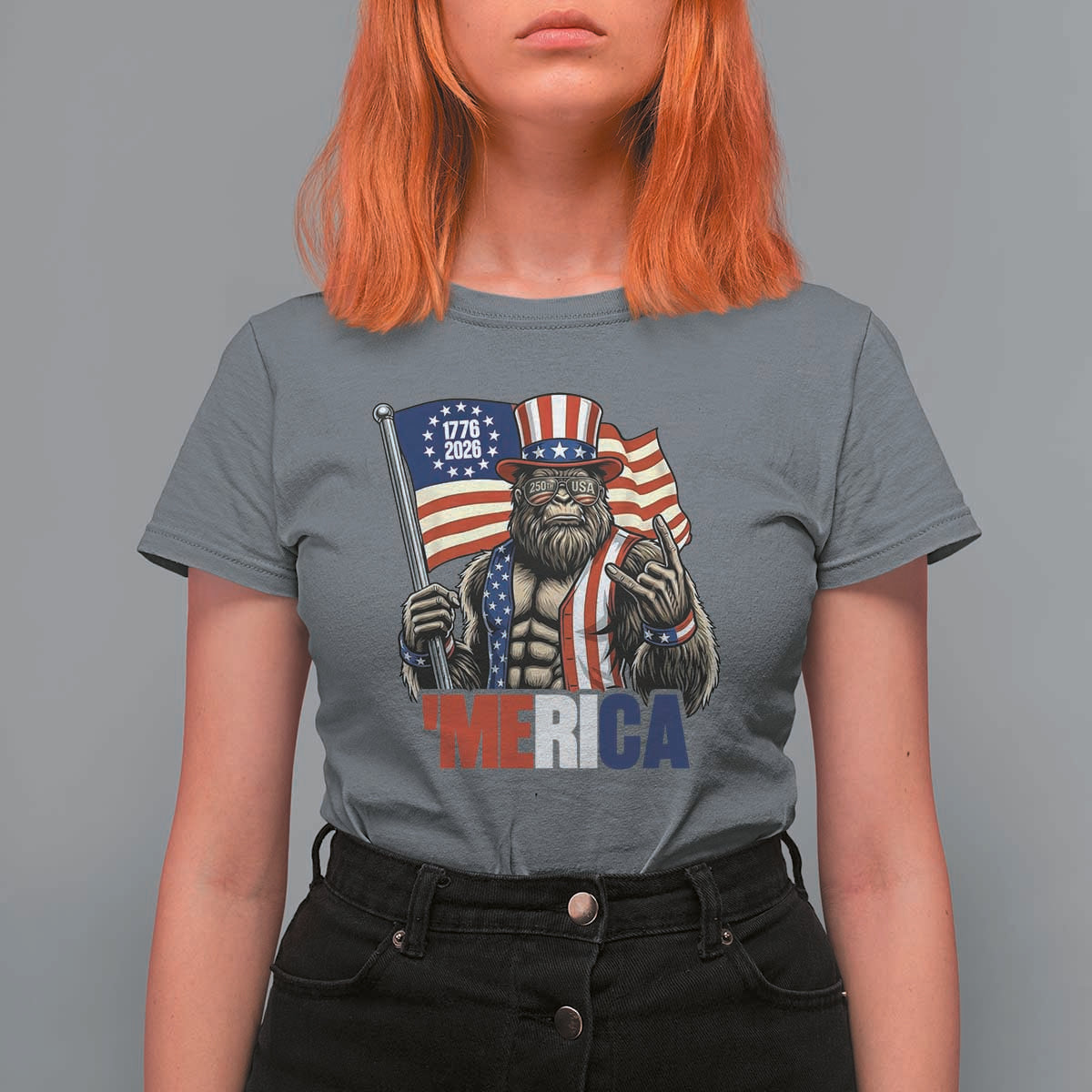 Funny Patriotic Bigfoot Merica Rock T Shirt For Women USA 250th Anniversary