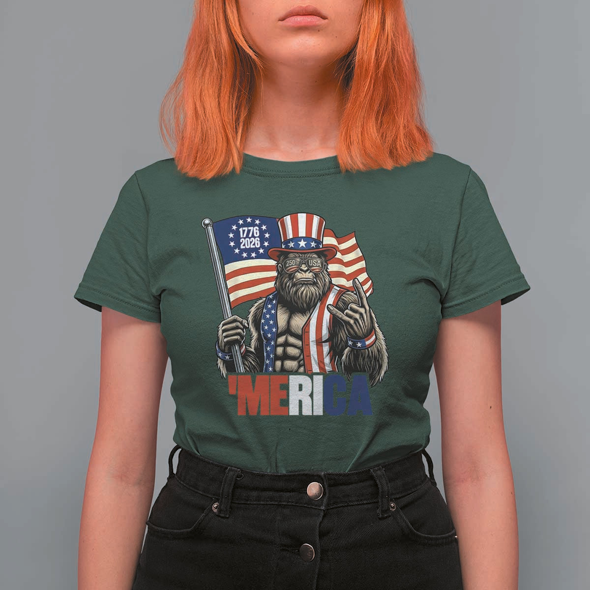 Funny Patriotic Bigfoot Merica Rock T Shirt For Women USA 250th Anniversary