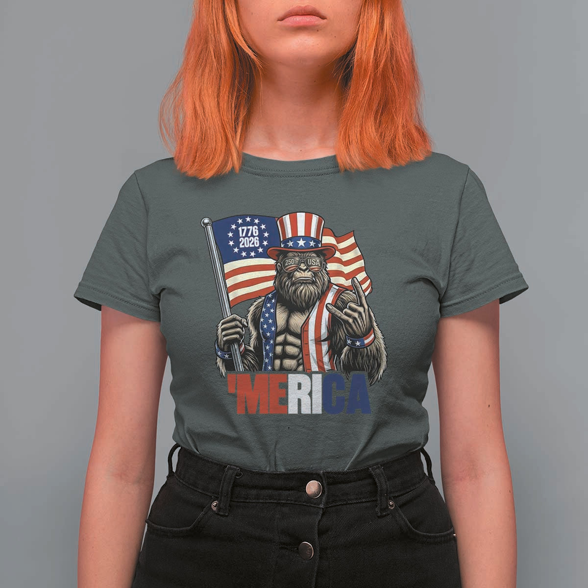 Funny Patriotic Bigfoot Merica Rock T Shirt For Women USA 250th Anniversary