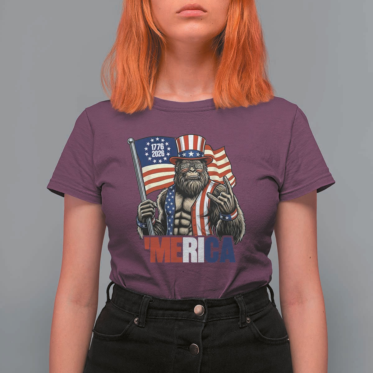 Funny Patriotic Bigfoot Merica Rock T Shirt For Women USA 250th Anniversary
