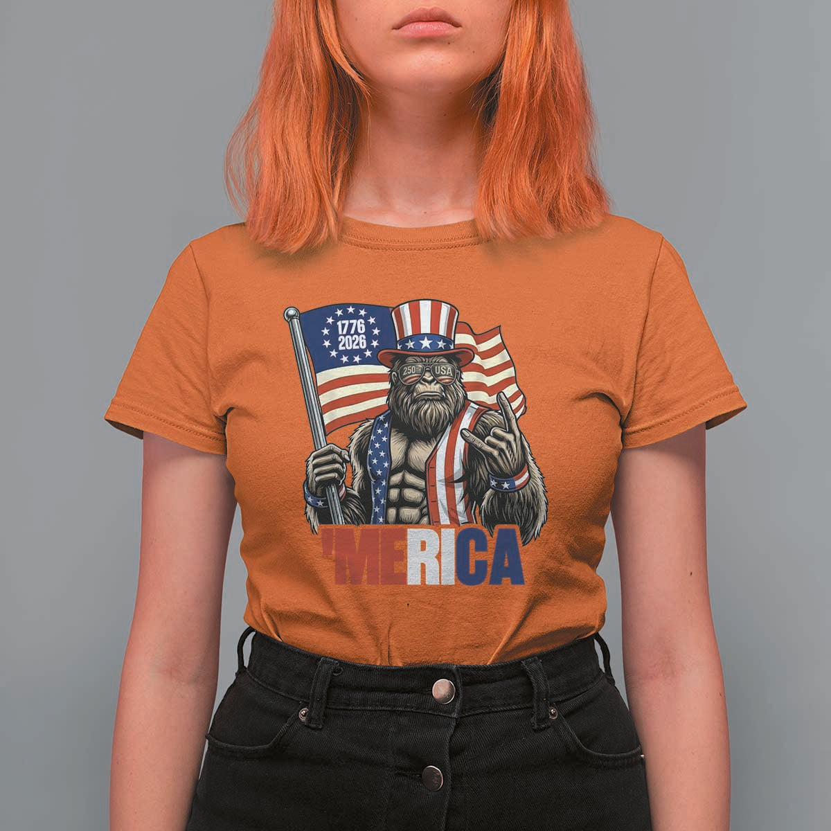 Funny Patriotic Bigfoot Merica Rock T Shirt For Women USA 250th Anniversary