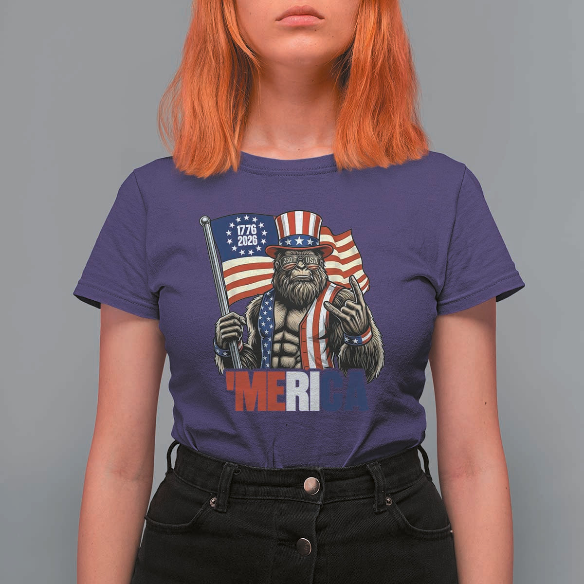Funny Patriotic Bigfoot Merica Rock T Shirt For Women USA 250th Anniversary