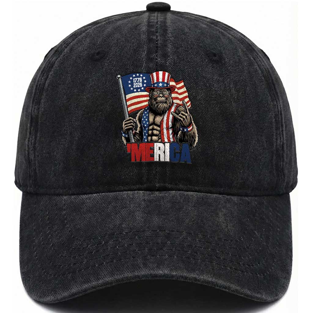 Funny Patriotic Bigfoot Merica Rock Washed Cotton Baseball Cap USA 250th Anniversary