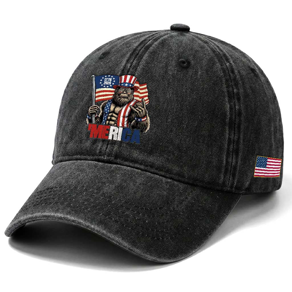 Funny Patriotic Bigfoot Merica Rock Washed Cotton Baseball Cap USA 250th Anniversary