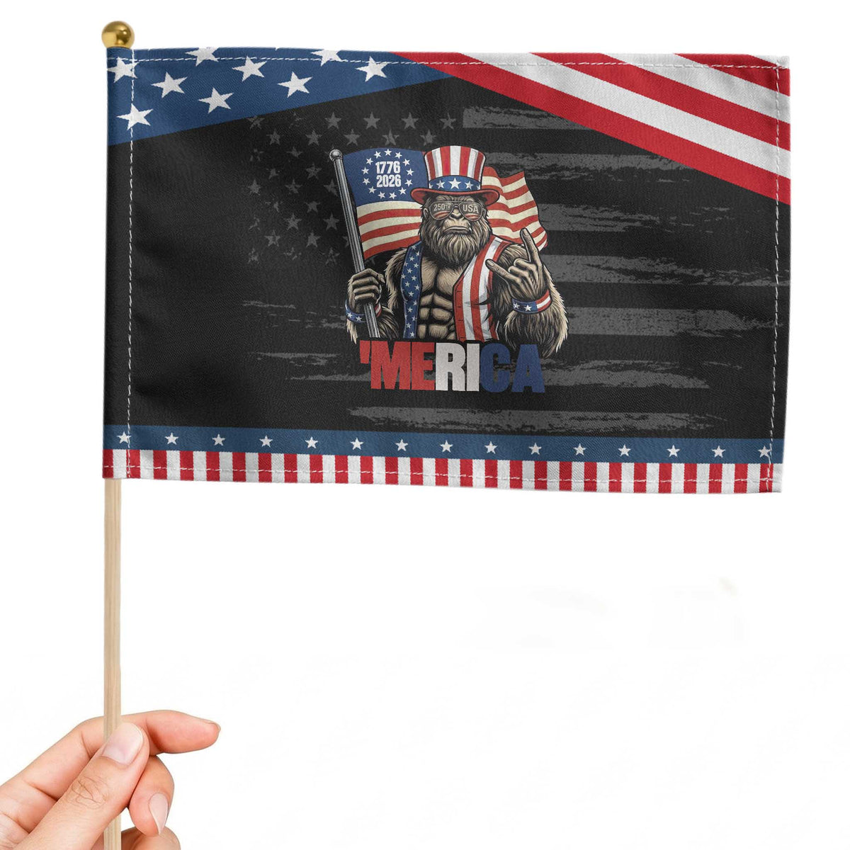 Funny Patriotic Bigfoot Merica Rock Patriotic Handheld Flag USA 250th Anniversary