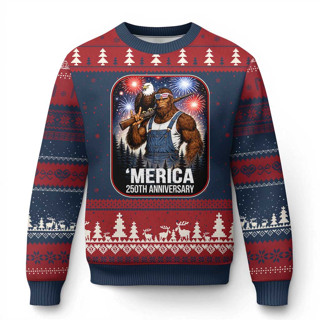Funny Bigfoot America 250 Years Of American Freedom Ugly Christmas Sweater