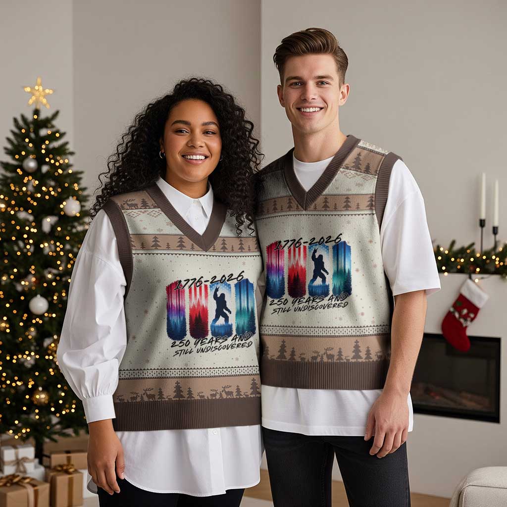 Funny Patriotic Bigfoot V-Neck Knit Sweater Vest 250 Years And Still Undiscovered