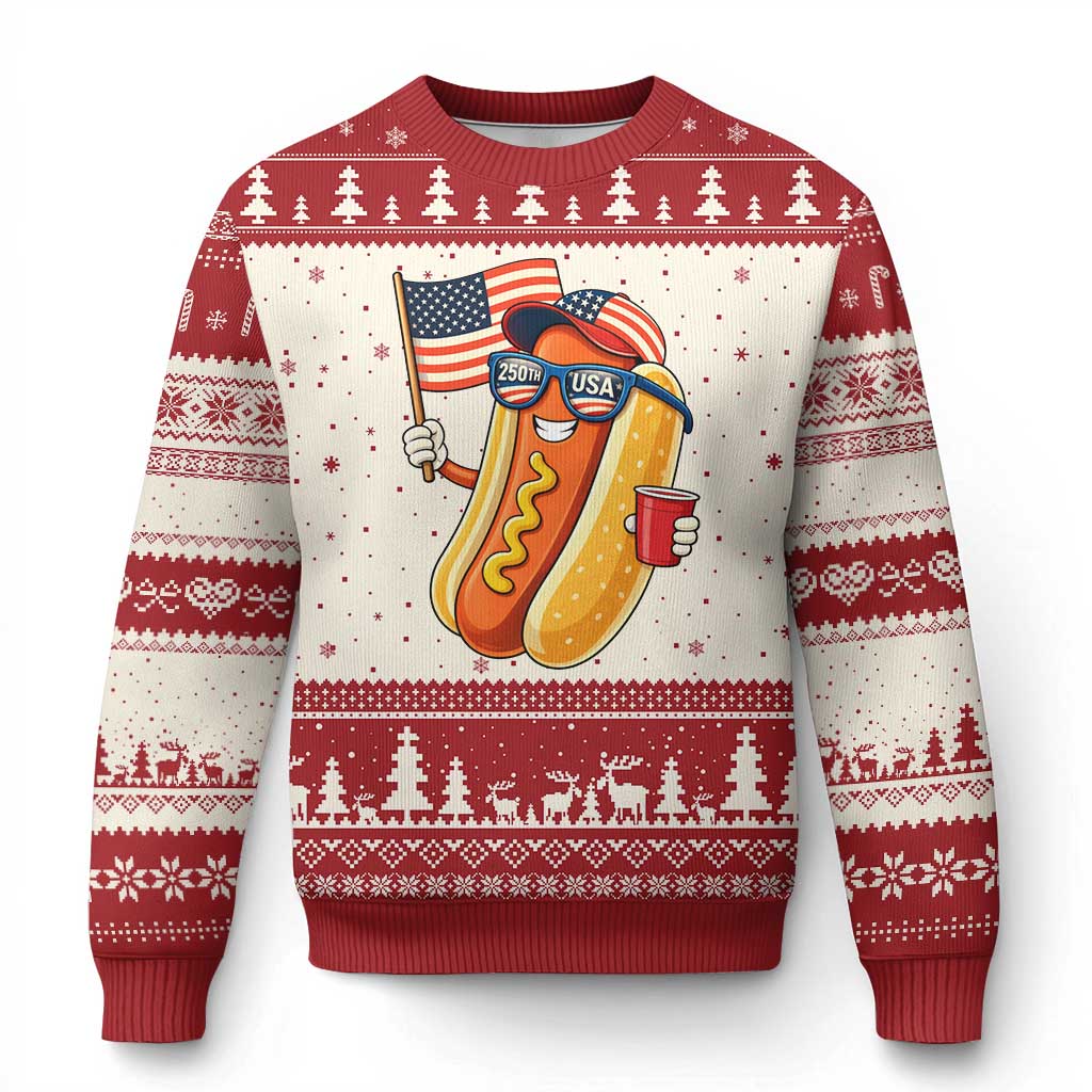 Funny Patriotic Hotdog Ugly Christmas Sweater USA 250th Anniversary