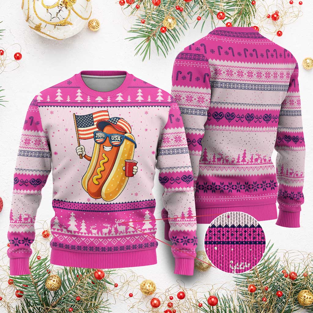 Funny Patriotic Hotdog Ugly Christmas Sweater USA 250th Anniversary