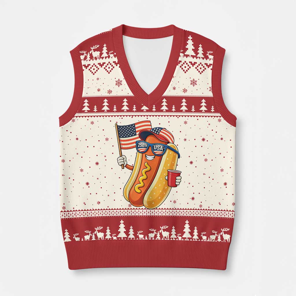 Funny Patriotic Hotdog V-Neck Knit Sweater Vest USA 250th Anniversary