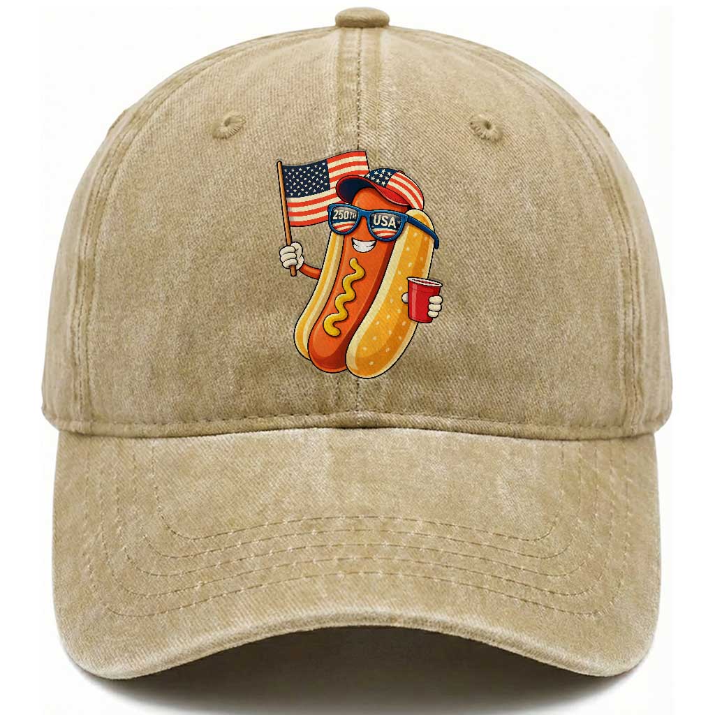 Funny Patriotic Hotdog Washed Cotton Baseball Cap USA 250th Anniversary