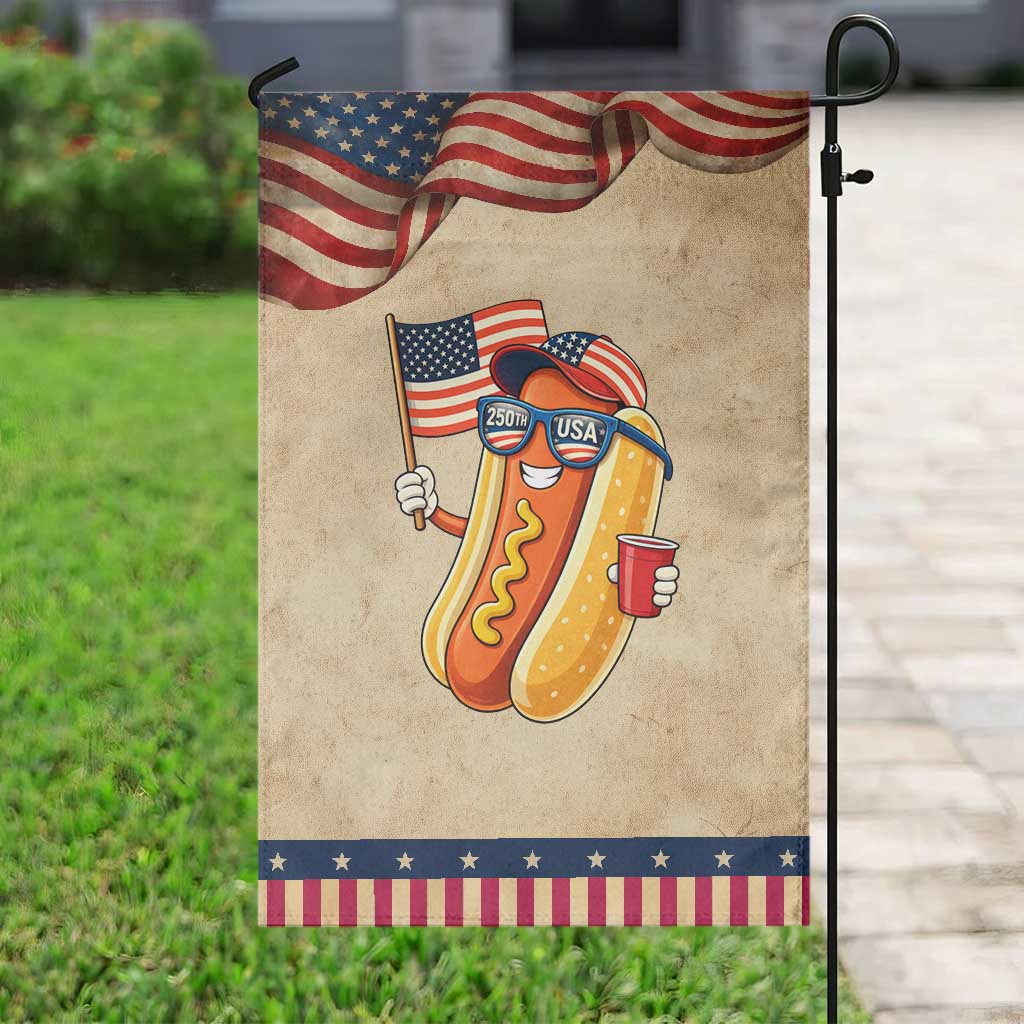 Funny Patriotic Hotdog Garden Flag USA 250th Anniversary